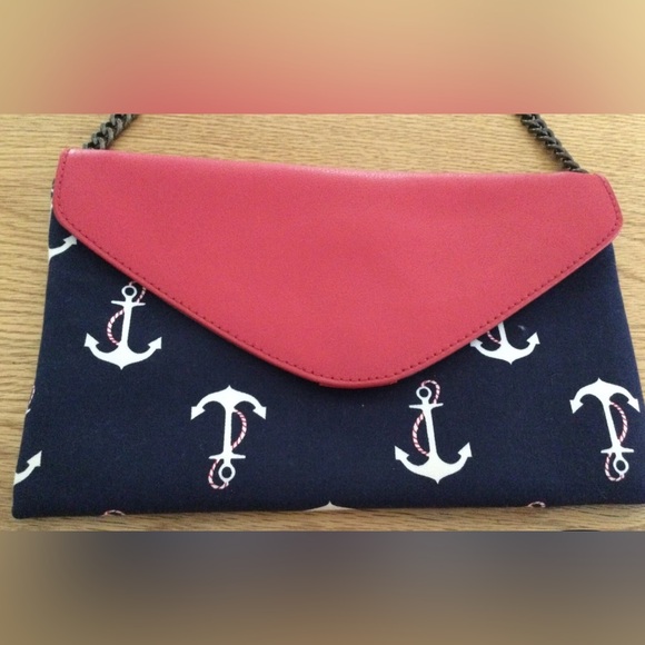 J CREW Nautical Mariner Sailor Anchor CLUTCH Shoulder Bag Purse ~Red White Blue - Picture 4 of 6